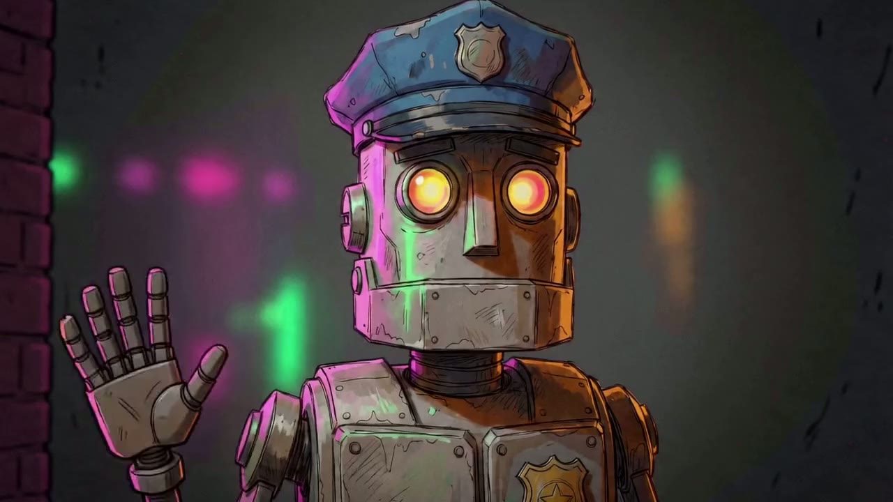 Robot close-up, hand raised into frame; speaks lines 3 and 4.